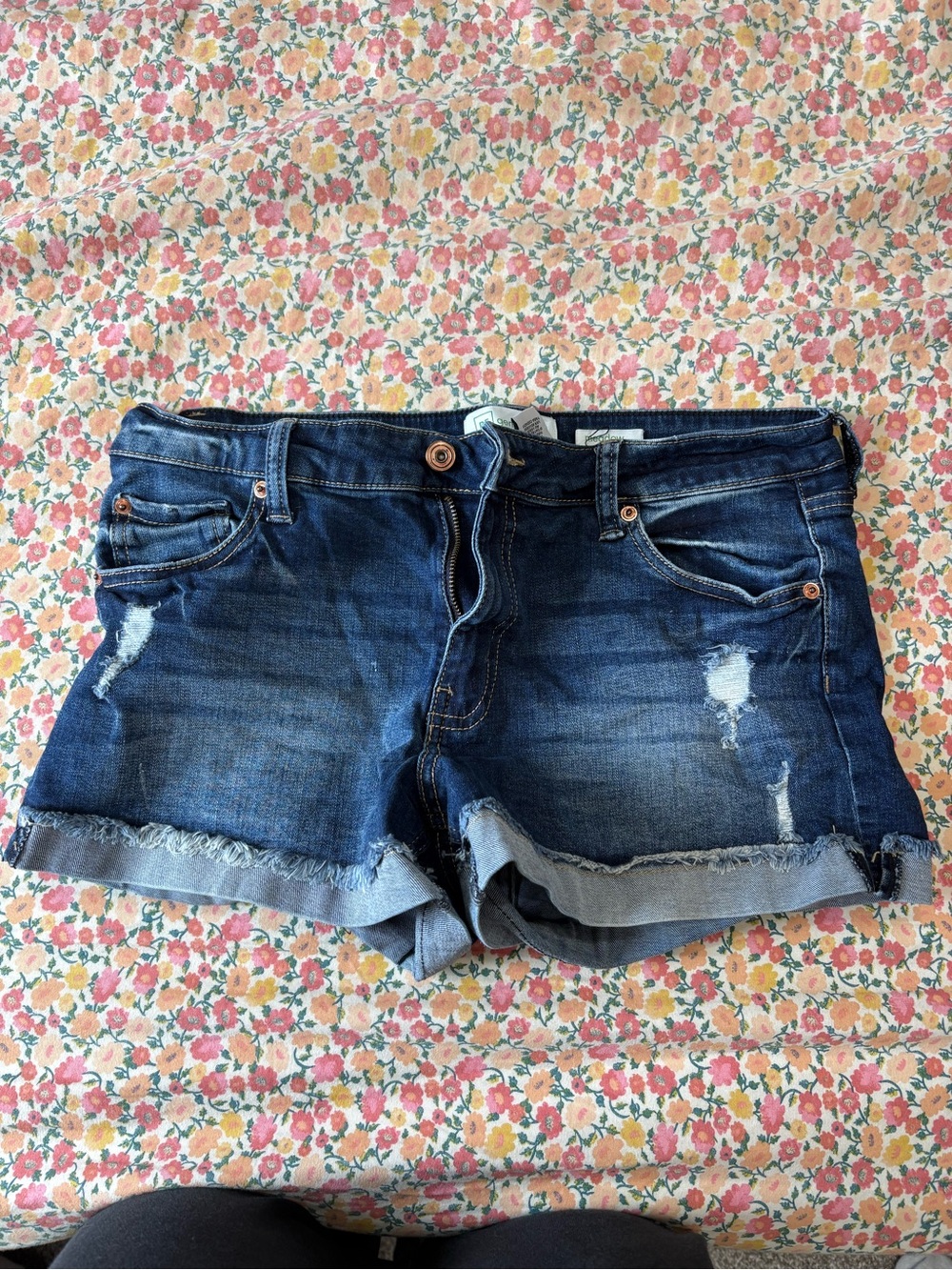 Women’s Dark Blue Distressed Denim Shorts with Rolled Hem